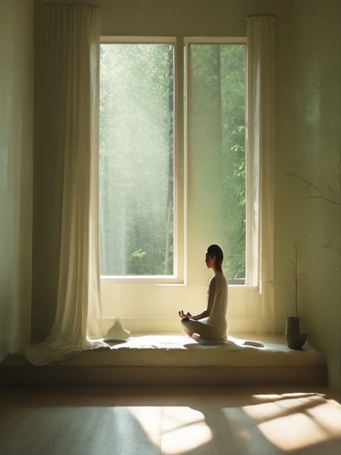 Rauhallinen tila luonnon valossa, ikkunan viereinen paikka meditaatiolle
